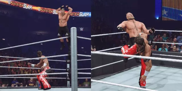 WWE 2K23 Shawn Michaels hitting Brock Lesnar with the catch finisher from the top rope