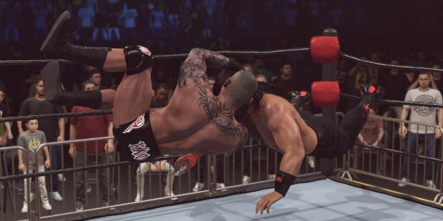 WWE 2K23 - Randy Orton hitting the RKO catch finisher on Roman Reigns