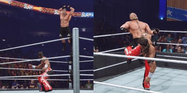 WWE 2K23 Shawn Michaels hitting Brock Lesnar with the catch finisher from the top rope