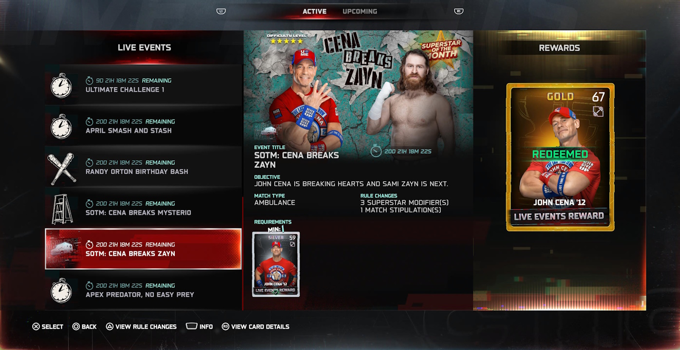 An example of a completed John Cena vs. Sami Zayn in WWE 2K25's MyFACTION SOTM event.